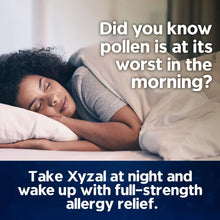 Xyzal night allergy relief promotional graphic with sleeping person
