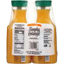 Two pulp-free orange juice bottles showing back nutrition and label panels