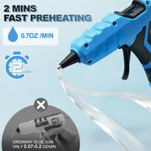 Blue cordless hot glue gun dispensing a thin line of clear melted glue