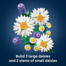 Daisy and lavender stem building model with large white daisy blooms and purple blossoms
