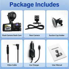 Dash cam package contents with front unit, rear camera, suction mount, cables, and charger