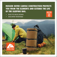 Tan cold-weather sleeping bag rolled with straps, outdoors camping tent setup