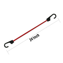 24-inch red bungee cord with black hook and clip on white background