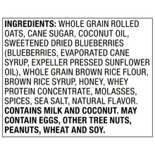 Ingredient list for granola: whole grain rolled oats, coconut oil, sweetened dried blueberries