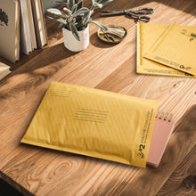 Kraft bubble mailer on wooden desk with address panel and barcode details