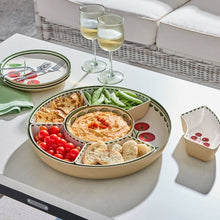 Tomato-themed chip and dip set with divided tray and center bowl for snacks