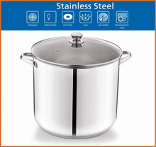 Stainless steel stock pot with clear glass lid and side handles