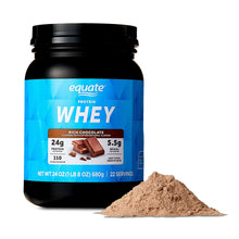 Whey protein powder bottle with Rich Chocolate label and mound of brown powder