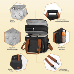 Insulated Lunch Bag for Women/Men, 17L Expandable Double Deck Lunch Cooler Box, Lightweight Leakproof Lunch Tote Bag W/ Side Tissue Pocket&Adjustable Shoulder Strap, Suit for Work,Picnic,Black