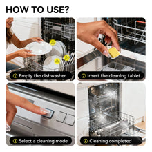 Dishwasher cleaning tablet inserted into open dishwasher, cleaning mode steps