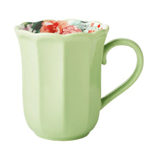 Ceramic mug, mint green with red rose floral pattern at top