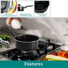 Black saucepan with long handle and glass lid, pour-ready rim