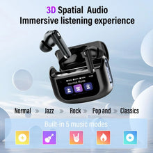 Black touch-screen earbuds case with earbuds and 3D audio mode display