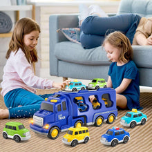 Blue city truck carrier toy with small cars on carpet, including green and yellow vehicles