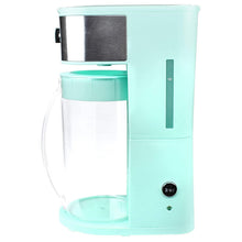Teal iced coffee and tea maker with open top and clear glass pitcher