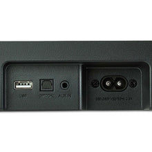 Black soundbar input panel with USB, optical, and AUX IN ports