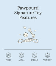 Pawpourri Signature Toy Features infographic with icons for strong, pet-friendly use