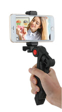 Black mini tabletop pistol-grip tripod with phone mount and red control knob
