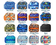 Assorted kids insulated lunch bags in blue, orange, green, and black patterns