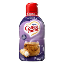Italian sweet crème coffee creamer bottle front, red cap, purple container