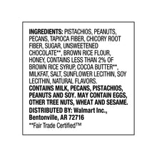 Nut bar ingredients label with pistachios, peanuts, pecans, tapioca fiber