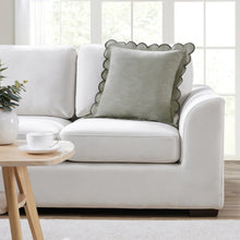 Sage green square decorative pillow with scalloped flange trim