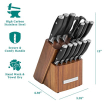 Stainless steel knife block set with black handles and blades in a wooden block