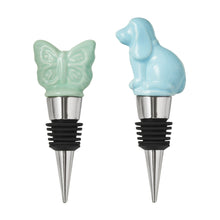 Blue animal-shaped bottle chiller stoppers with stainless pour spouts