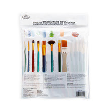 Assorted artist paint brush set in clear bag, mixed bristle shapes and handle colors