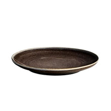 Stoneware dinner plate, dark brown with speckled glaze and white rim