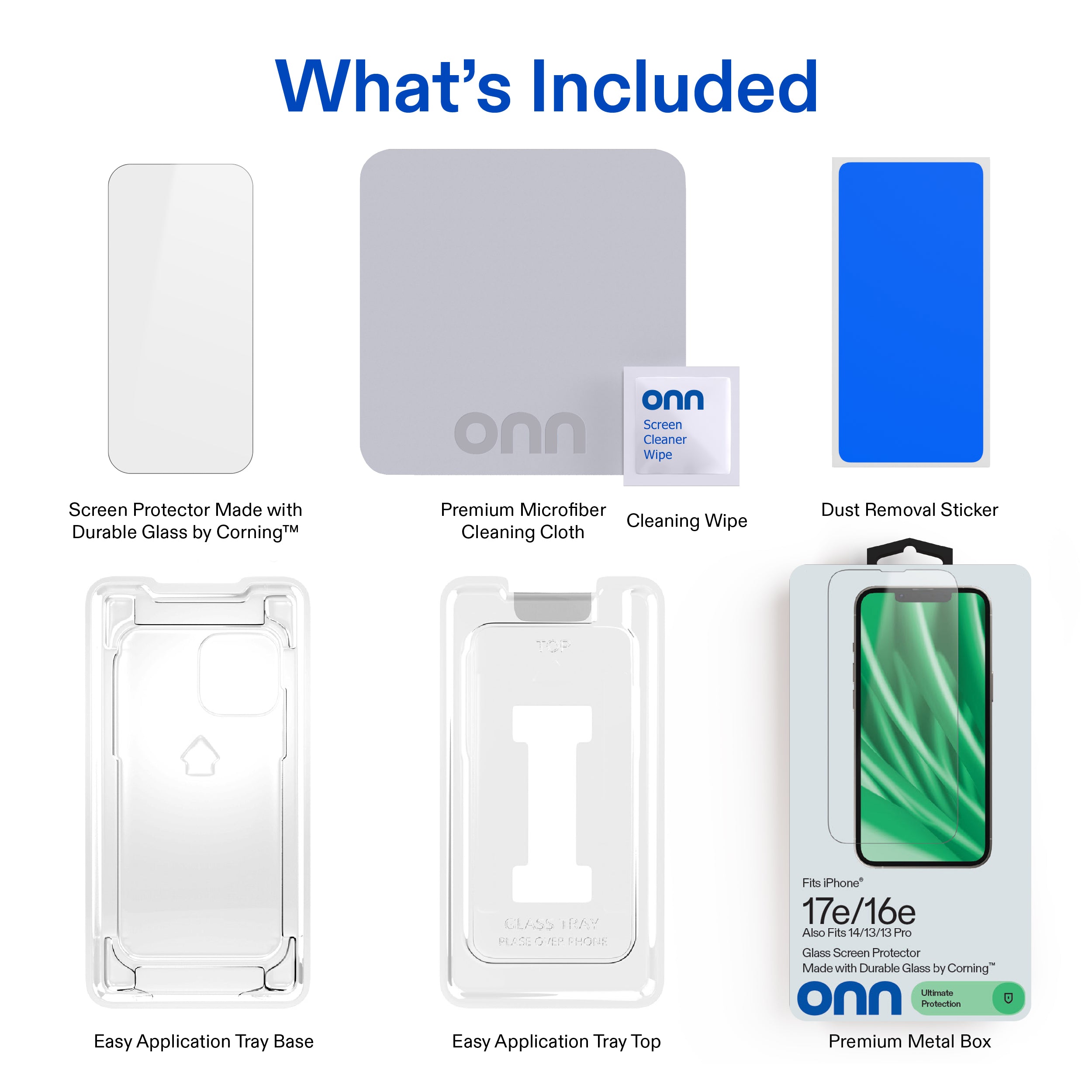 onn Corning Glass Screen Protector for iPhoneÂ® 17e / 16e / 14 / 13 / 13 Pro, Made with Durable Glass by Corningâ„¢ for Ultimate Protection, with Easy Application Tray