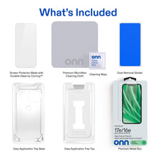 Glass screen protector kit: application tray, microfiber cloth, cleaning wipe, dust sticker