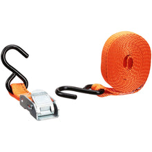 Orange tie-down strap with metal cam buckle and black J-hook, close-up