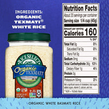 Organic white basmati rice jar front with Nutrition Facts panel