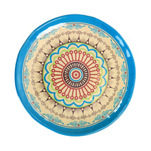 Blue melamine dinner plate with red floral mandala and beige outer ring