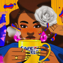 Cafe Bustelo espresso ground coffee can at center with colorful graphic illustration.