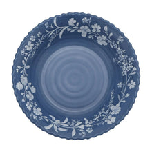 Blue floral melamine dinner plate with daisy border and concentric center rings