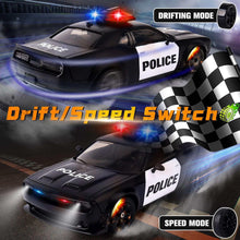 Black police RC car with LED lights in drifting and speed mode, showing wheels