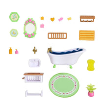 Bathroom furniture accessories set with white tub, green rug, planters, bottles, and small decor