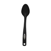 Black silicone spoon utensil with ergonomic handle and Farberware logo
