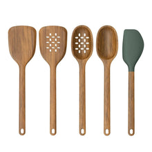 Acacia wood kitchen tools and green silicone spatula