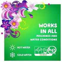 Detergent promo panel with flowers and text about working in all machines and water conditions