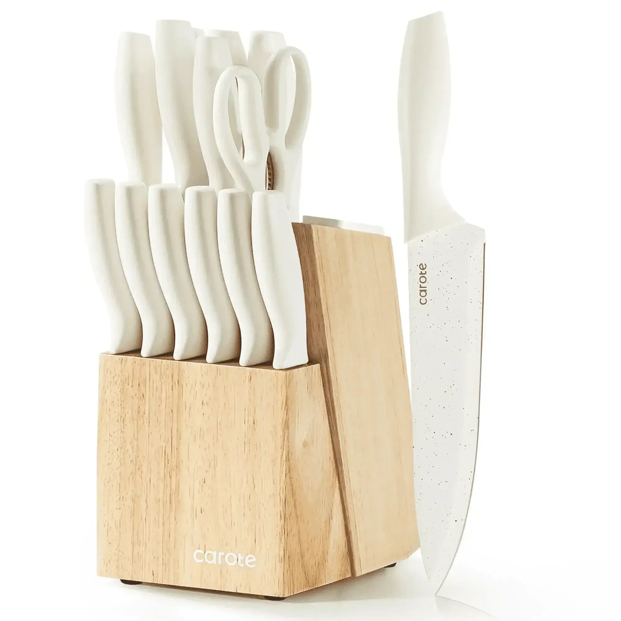 Carote 15-Piece Premium Kitchen Knife Set, Ceramic-Coated Blades with Stylish Wooden Block
