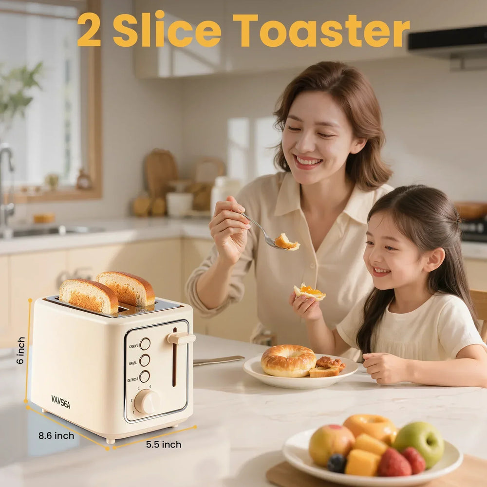 VAVSEA 2 Slice Toaster, 1000W Bread Toaster Machine with Extra Wide Slot, 6 Shade Settings and LED for Bagels, Waffles, Bread, Removable Crumb Tray, Breakfast Helper, Beige - USA MEGA SHOP