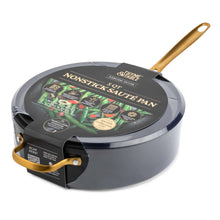 Non-stick 5 qt sauté pan with gold handle and product packaging