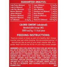 Dog treat package panel with guaranteed analysis and calorie content, calculated ME