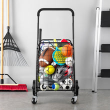 MS shopping cart with wire basket, black frame, blue wheels, loaded with sports balls