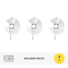 Three large clear suction cup hooks with metal hooks for hanging