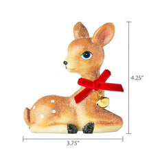 Sitting deer tabletop decoration, brown glitter coat with red ribbon bow and bell
