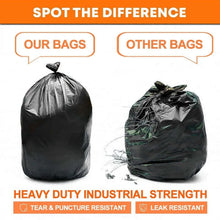 Black trash bags comparison view with tied bag forms, heavy-duty style